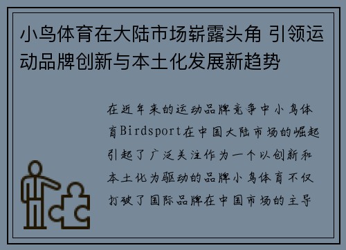 小鸟体育在大陆市场崭露头角 引领运动品牌创新与本土化发展新趋势