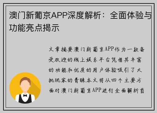 澳门新葡京APP深度解析：全面体验与功能亮点揭示